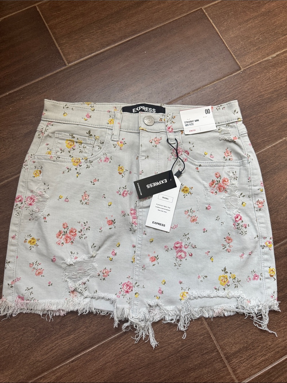 Express Light Blue Floral Distressed Denim Mini Skirt